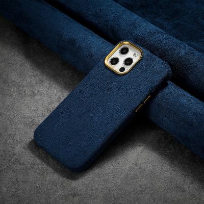 China Luxury Shockproof Fur Plush Leather Fabric Phone Cover With Metal Buttons For iPhone 13 pro 12 max 11 business suede leather phone case for sale