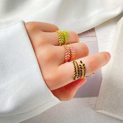 China European and American Casual/Sporty Stainless Steel Trendy Rings Leaf Shape Oil Drip Rings Colorful Open Rings for Women for sale