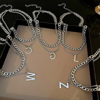 China Hot Selling Europe and America Statistical Institute Jewelry Double Layers Titanium Steel Necklace Set Hip Hop Titanium Plated Chain Necklaces for sale