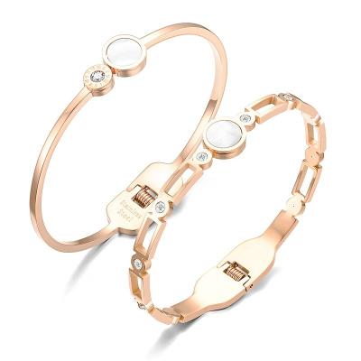 China Casual/Sports Steel Inlay Shell Bangles Zircon Roman Numerals Bracelets High Quality European and American Style Titanium Jewelry for sale