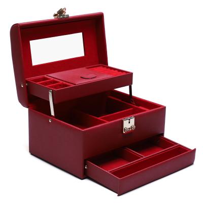 China Red Portable Large Capacity PU Leather Jewelry Organiser with Mirror for Travel for sale