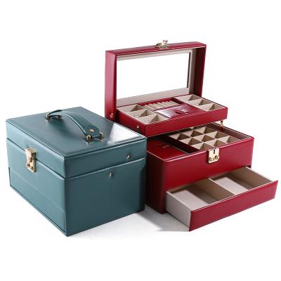 China Portable PU Leather Travel Jewelry Drawer Organizer Box With Mirror Multi Function for sale