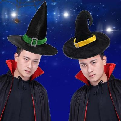 China 2022 Polyester Men Women Halloween Witch Hat Faux Leather Wizard Hat Black Costume for sale