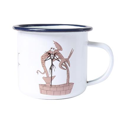 China Sublank Viable Wholesale Coated Logo Photo Printing White Sublimation Customized Blue Rim Enamel Mug For Travel Camping Coffee Mug for sale