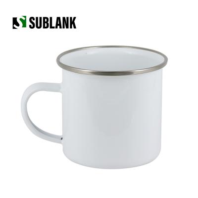 China Sublank Viable Wholesale Coated White Customized Logo Photo Printing Sublimation Enamel Empty Mug For Travel Camping Coffee Mug for sale