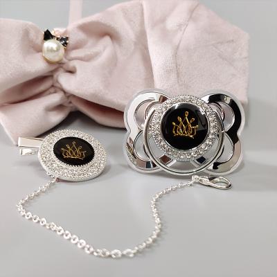 China High Quality BPA Free Dollbling Rhinestone Baby Pacifier Silver Plated Crown With Epoxy Craft For Mommy To Be Outfits for sale