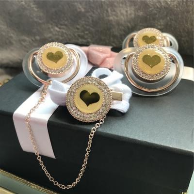 China BPA Free Dollbling Transparent Frame Customized Love Bling Gold Rhinestone Pearl Crystal Baby Pacifier With Love Pattern for sale