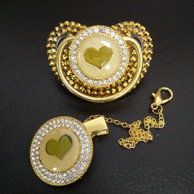 China BPA Free Glitter Heart Pacifier Clip Chain Baby Rhinestone Soother Bling Dummy for sale