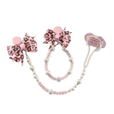 China Pink PS Pearl Crystal Pacifier Chain with Name Lash Soother Holder Clip Chains Dummy Baby Pacifier Personalized Rhinestones for sale