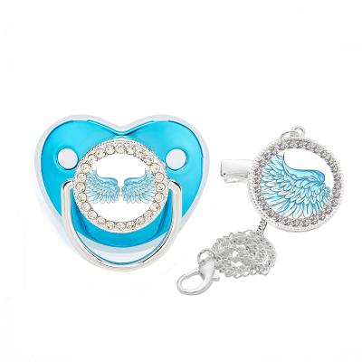 China BPA Free Hot Sale Sky Blue Angel Wings Personalized Bling Baby Custom Pacifier Dollbling for Newborn Baby for sale