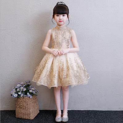 China Golden Casual First Communion Dresses Kids Even Sleeveless Ball Gown Applique Bow Girls Pageant Dress for sale