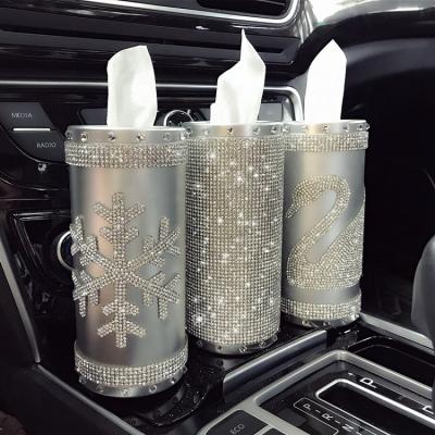 China Customized Aluminum Alloy Logo Diamond Bling Car Tissue Paper Box Holder Container for sale