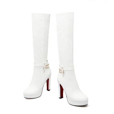 China Height Increasing Women Fashion Round Platform Knee High Boots Toe Zipper Boots Shoes Pu Square High Heels Boots for sale