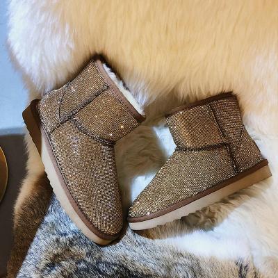 China Crystal Warm Winter Boots Women Snow Boots Bling Flat Handmade Furry Ankle Boots for sale