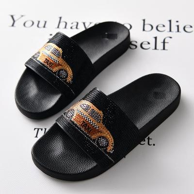 China Cartoon Ladies Slides Flat Custom Indoor Sandals Shape Fuzzy Slippers Bling Diamond Slippers for sale