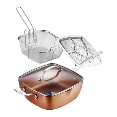 China Long Handle 4 Pcs Square Aluminum Copper Pot Viable Pan Set Kitchenwares Cookware Set Include Fryer Basket Steamer for sale