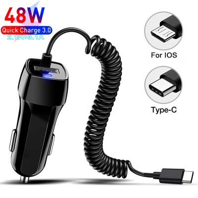 China Mobile Phone 48W USB Fast Car Charger Stretch Cable Adapter For IPhone13 12 11 14 pro Type-C Max Samsung Galaxy Note 20 Android Car Charger for sale