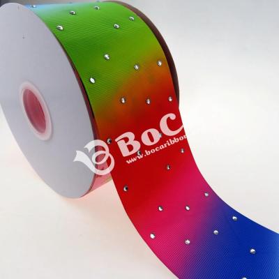 China New eco-friendly design 3 inch 75mm rhinestone printed with rainbow grosgrain ribbon for sale