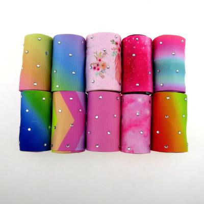 China New Design Eco-friendly Ribbon 25mm 3 Inch Colored Rhinestone Ribbon Printed With Rainbow Grosgrain Ribbon for sale