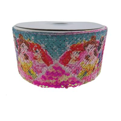 China 3 Inch (75mm) DIY Cartoon Character Viable Heat Transfer Printed Reversible Sequin Fabric Ribbon for sale