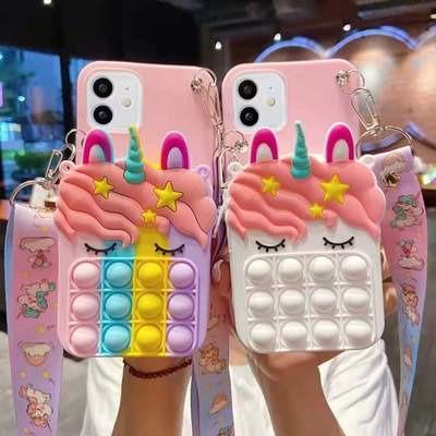 China phone 13/13 pro/12/1178SE etc fideget bubble shockproof toy 2021 New Unicorn Coin Shape Shockproof Sensory Designer Purse Phone Case for sale