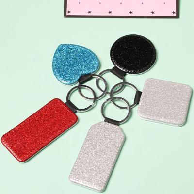 China Glitter PU leather sublimation mute key leather chain with round square rectangle heart shape for sublimation for sale