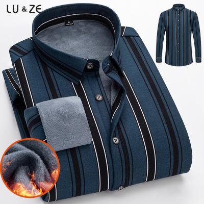 China Anti-pilling Wholesale Autumn and Winter Men's Striped Shirt Composite Suede Warm Velvet Flannel Thick Shirts Tops Business Men's Clothing for sale