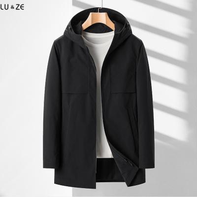 China Anti-wrinkle OEM Custom British Casual Loose Mid-length Windbreaker Men Patchwork Zipper Hooded Coat Jacket High Street Daily Trench Coats for sale