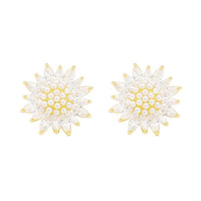 China JXX 18k Luxury Women's Sunflower Diamond Zircon Fashion Golden Micro Stud Earrings Fashionable Korean Style Light for sale