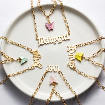 China New Fashion Honey Yellow Butterfly Letter Double 18K Gold Plated Necklace Woman Acrylic Women's Butterfly Necklace for sale