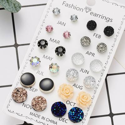 China Women's Hot Sale Mixed Color 12 Pairs Round Zircon Flower Combination Card Crystal Earring Set Female for sale