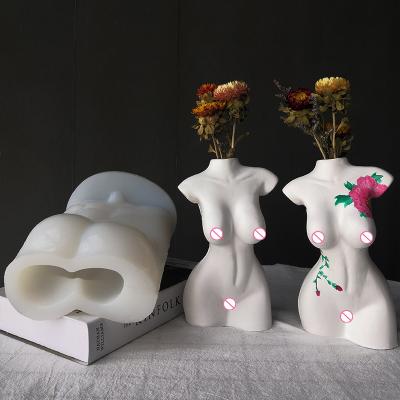 China DIY Large Size Gypsum Body Sculpture Handmade Concrete Molds Woman Torso Plaster Vase Concrete Mold for sale