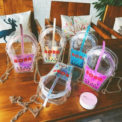 China Wholesale funny creative transparent boba handbag laser fashion personality clear plastic bags with straw for sale