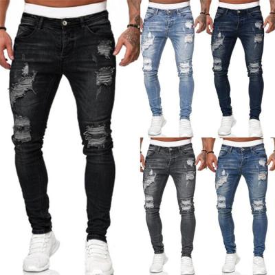 China Dark Blue Men's Fly Button Drill Jeans Patch Breathable Denim Pants 2022 Amirys Skinny Men Ripped Hole Jean Pants For Men for sale