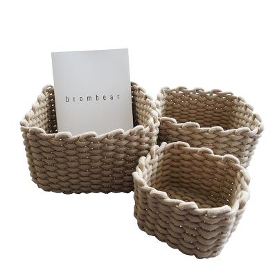 China Decorative Cotton Woven Storage Basket Folding Cotton Rope Basket Covering Basket With Handles for sale