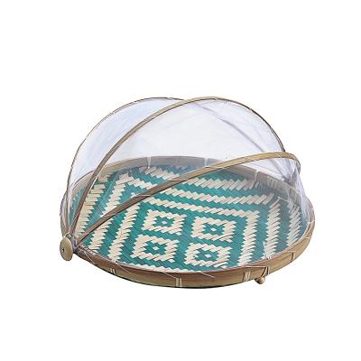 China New Chinese style waterproof handmade natural bamboo fruit basket with net cover/food tent serving basket for sale