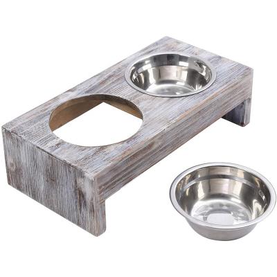 China Manufacturer Sell Sustainable Bamboo Wood Frame Raised Stainless Steel Dog Cat Food Water Feeder Bowls for sale