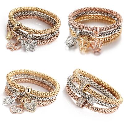 China Hot Selling 2019 Crown Pearl Bracelet 3 Pieces Elastic Popcorn Chain Bracelet Jewelry Sets Bracelets For Women for sale