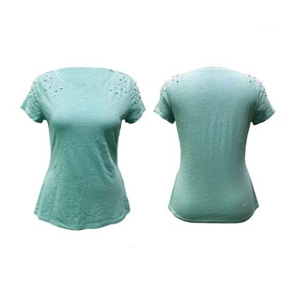 China Breathable Pure Color Hand-stitched Rhinestone Wash Ladies Summer Casual Tops Women's T-shirt Dirty Casual Short Sleeve T-shirt Women for sale