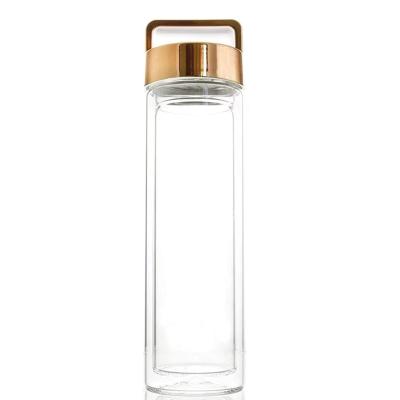 China Sustainable TRAVEL DRINK TUMBLE BOTTLE WITH TEA INFUSER BASKET AND GLASS STRAINER DOUBLE WALL TERMO BOTTLE LID 15 oz GLASS BOTTLE GOLD for sale