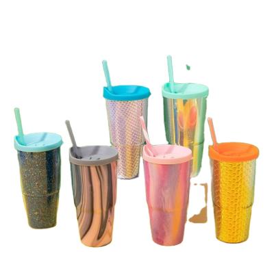 China Drinking Water Straw Coffee Tumbler Plastic Acrylic Portable Cup BPA Free Double Beautiful Custom Coffee Logo Wall With Glitter Changeable Paper for sale