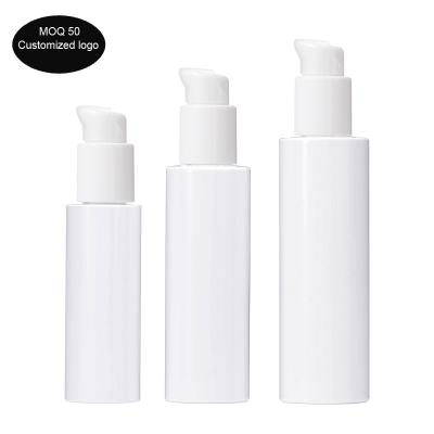 China 100ml 150ml 200ml White Flat Shoulder PET Cosmetic Lotion Bottle Head Lock Mercury Pressed Cosmetic Packaging Bottle for sale