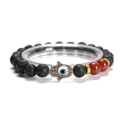 China Hot Sale Black Lava Carnelian Hamsa Round Beads Bracelet Size 6mm 8mm 10mm For Men And Women for sale