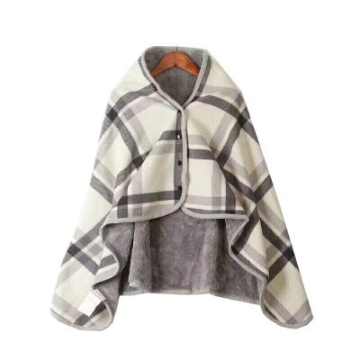 China Anti-Static Multi-functional 2-layer Cape Blanket Plaid Knit Cappa Shawl Fleece Tippet Blanket WIth Button for sale