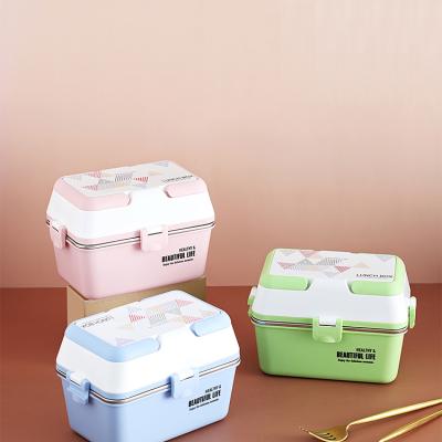 China Sustainable Wholesale Hot Sale Plastic Food Bento Box Three Layer Insulated Lunch Box Kids for sale