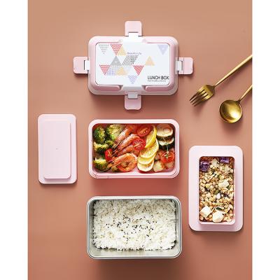 China Sustainable School Set 3 Layer Lockable Stainless Steel Microwave Safe Plastic Lunch Box for sale