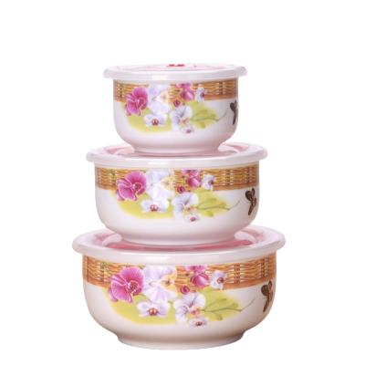 China Viable Serving Set 3pcs Maker Ceramic Fresh Seal Bowl with Lids Plastic Cover for sale