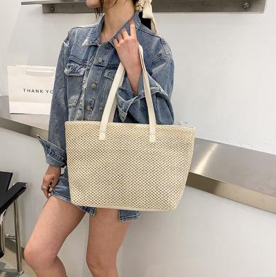 China Newest Design Luxury PU Leather And Straw Beach Tote Bag Handled Summer Swimming for sale