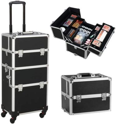 China Lady 3 in 1 Large Beauty Vanity Trolley Aluminum Case Cosmetic Trolley Makeup Organizer Box Bag Hairdressing Nail Art Salon Black for sale