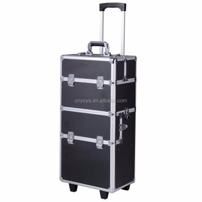 China Pro Rolling Cosmetic Organizer Aluminum Aluminum Trolley Train Case Makeup Case Salon Box for sale